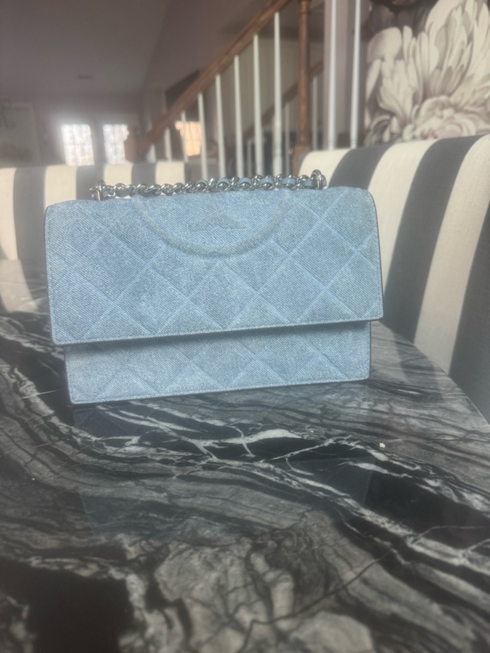 Tory Burch Quilted Light Blue Shoulder Bag with Chain